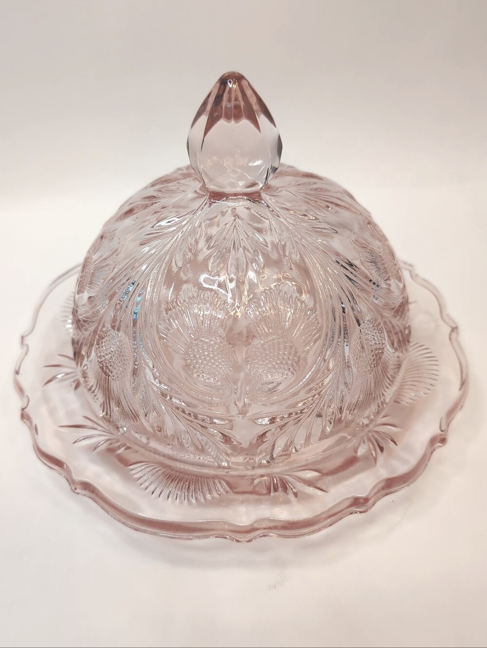 Vintage Light Pink Mosser Glass Covered Butter Dish W/ Inverted Thistle Pattern - Picture 2 of 6